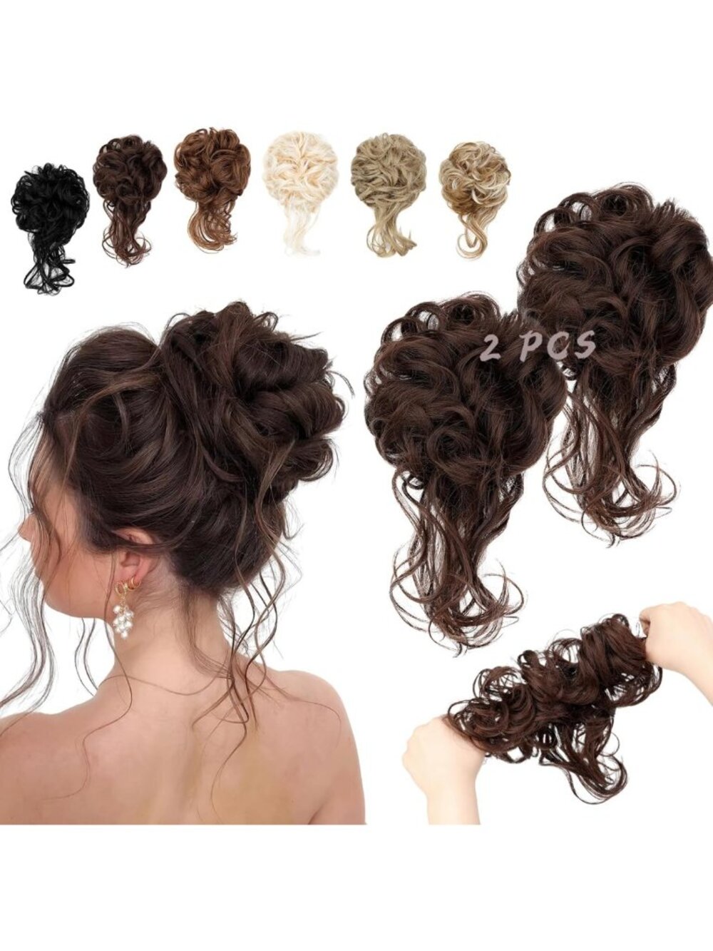 2PCS Wavy Curly Messy Bun Hair Piece with Tendrils - Tousled Updo Extensions